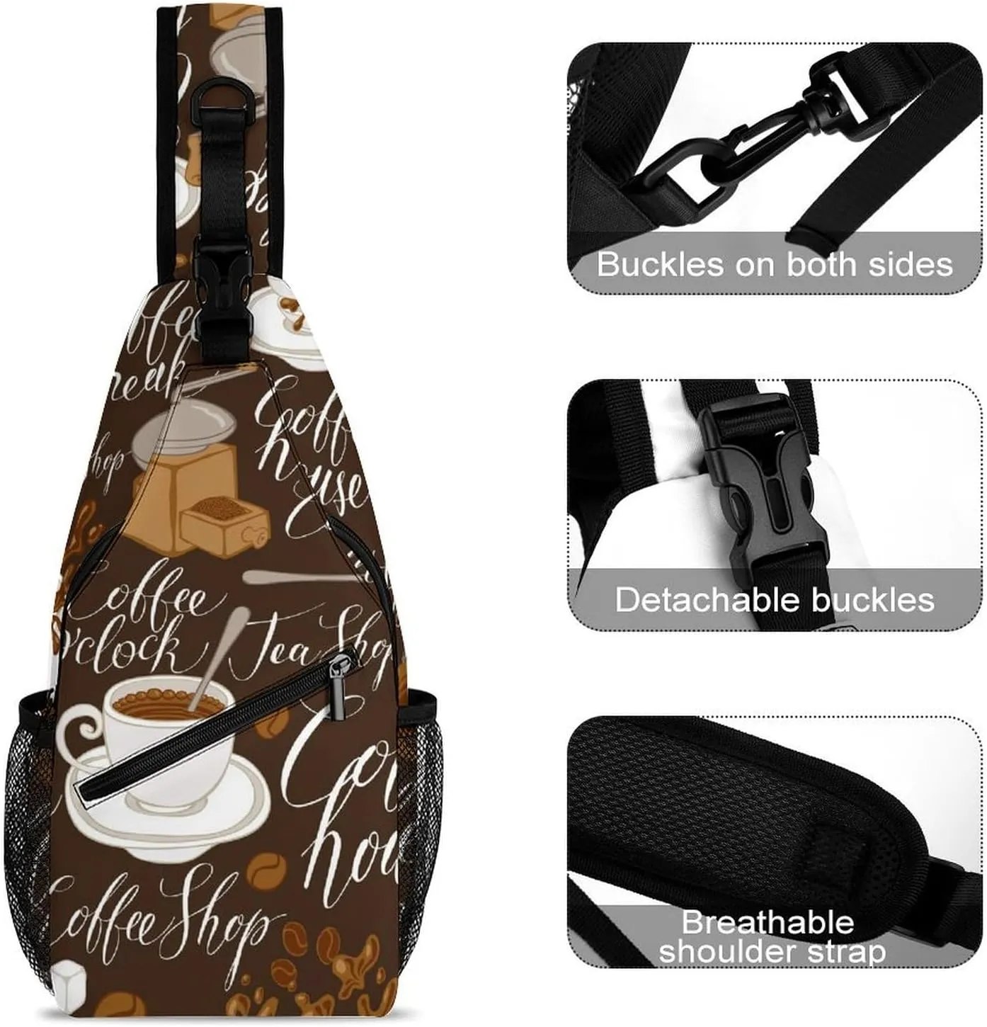 Coffee Theme Sling Backpack, Crossbody Shoulder Bag, Chest Bags for Outdoor Travel Fitness, 38x20cm, Style