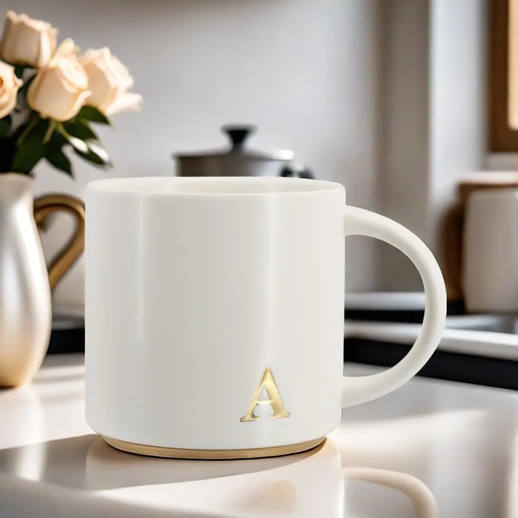 COLLECTIVE HOME - Monogram Ceramic Mugs, 15 oz Golden Initial Coffee Cups, Elegant Capital Alphabet Tea Mugs, Elegant Personalized Mug with Gift Box, Luxurious Cups for Office and Home (A)