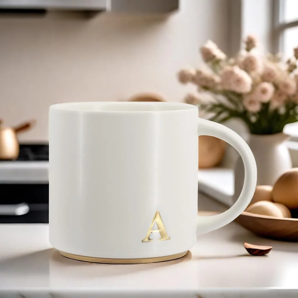 COLLECTIVE HOME - Monogram Ceramic Mugs, 15 oz Golden Initial Coffee Cups, Elegant Capital Alphabet Tea Mugs, Elegant Personalized Mug with Gift Box, Luxurious Cups for Office and Home (A)