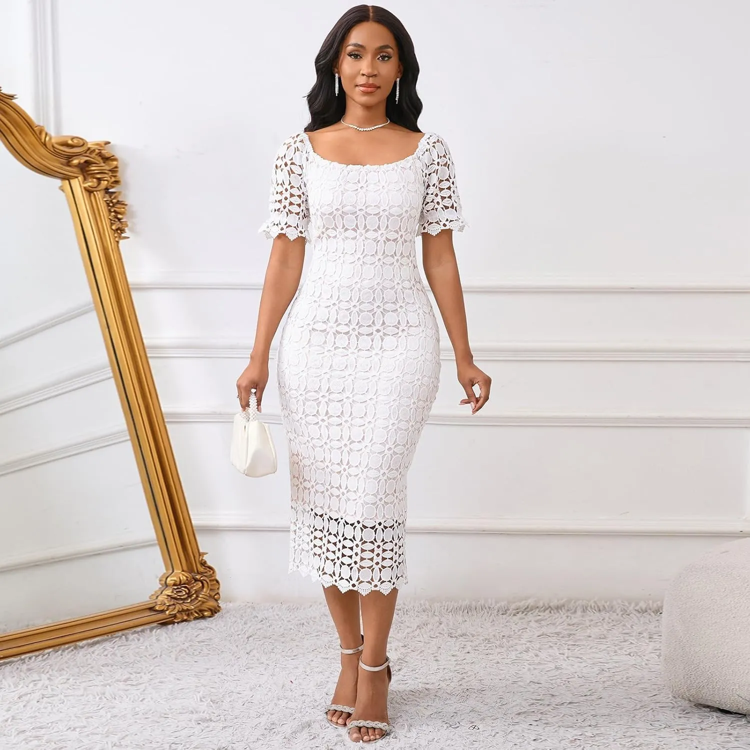Cololura Elegant Sexy Floral Lace Short Sleeve Off Shoulder Evening Gown Party Formal Bodycon Midi Dress