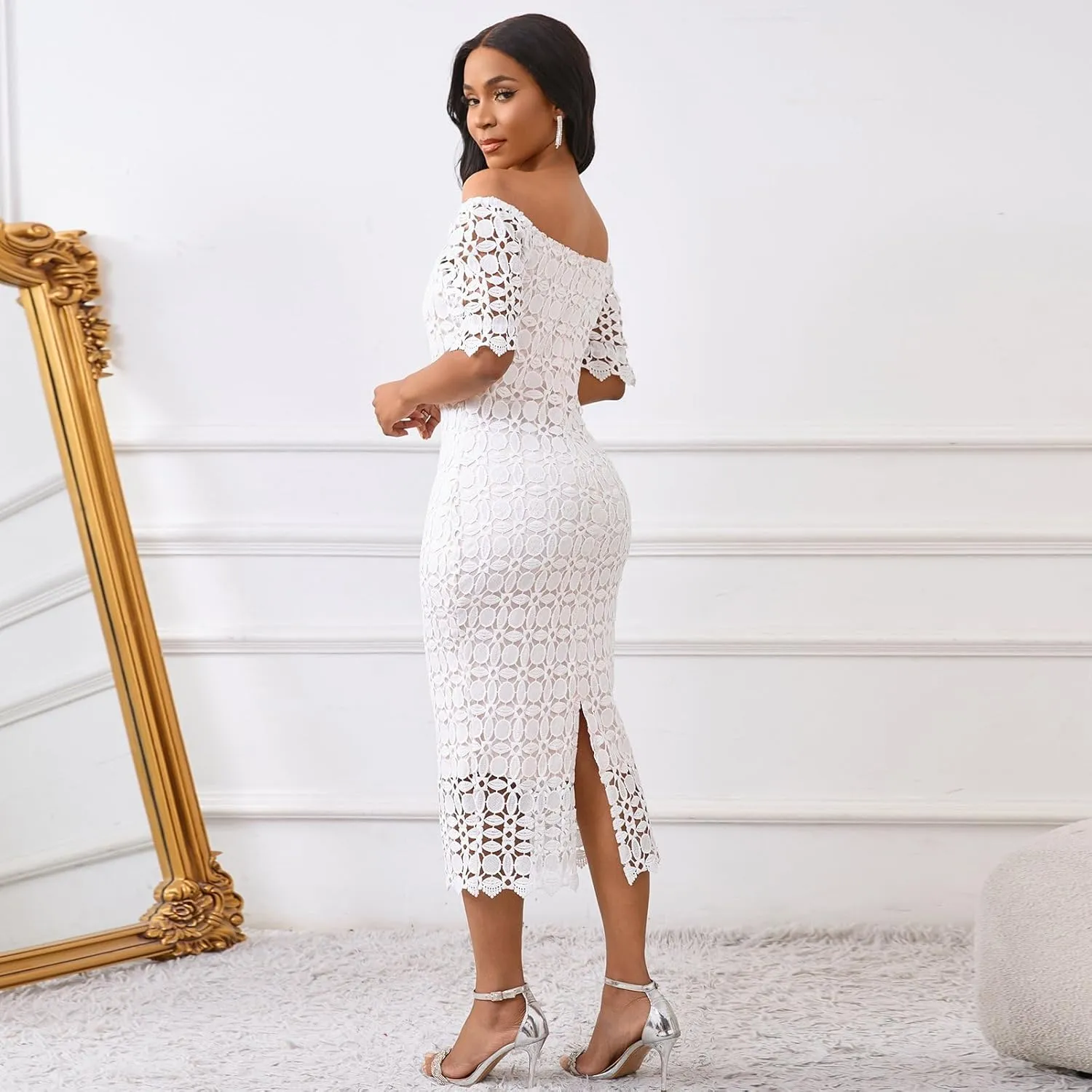 Cololura Elegant Sexy Floral Lace Short Sleeve Off Shoulder Evening Gown Party Formal Bodycon Midi Dress