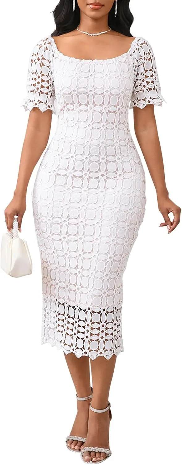 Cololura Elegant Sexy Floral Lace Short Sleeve Off Shoulder Evening Gown Party Formal Bodycon Midi Dress