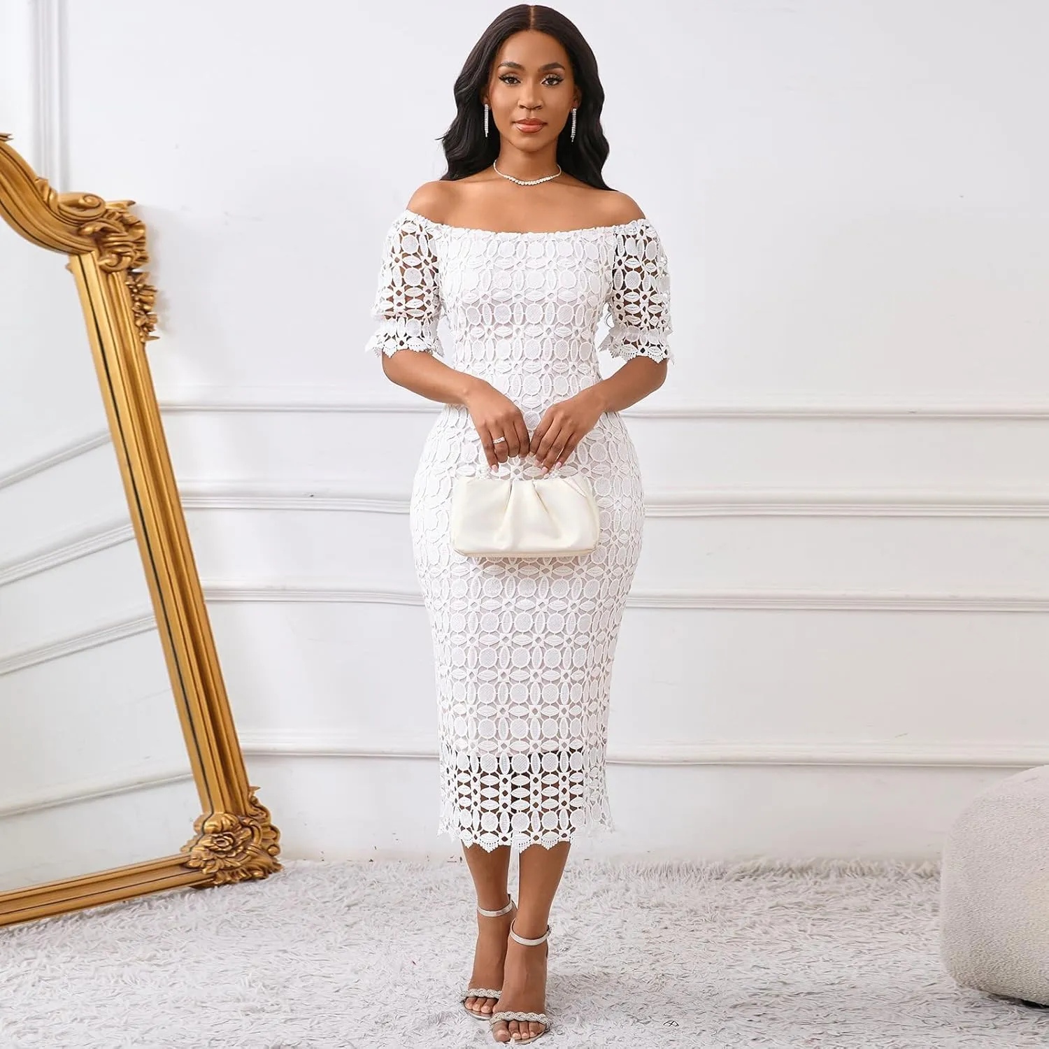 Cololura Elegant Sexy Floral Lace Short Sleeve Off Shoulder Evening Gown Party Formal Bodycon Midi Dress
