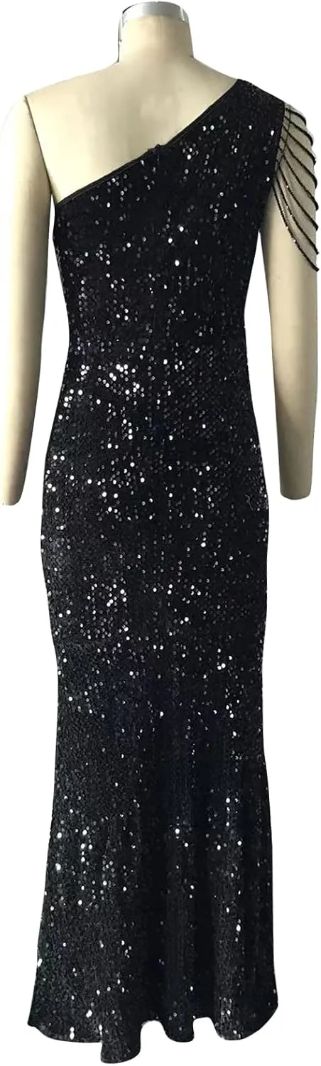 Cololura Women Sequin Elegant Sexy One Shoulder Tassel Mermaid Bodycon Cocktail Evening Dress