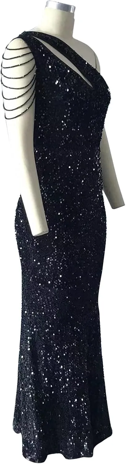 Cololura Women Sequin Elegant Sexy One Shoulder Tassel Mermaid Bodycon Cocktail Evening Dress