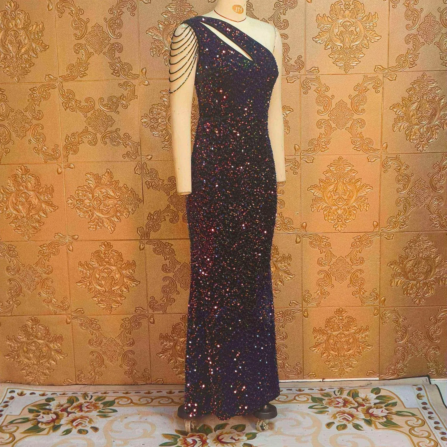 Cololura Women Sequin Elegant Sexy One Shoulder Tassel Mermaid Bodycon Cocktail Evening Dress
