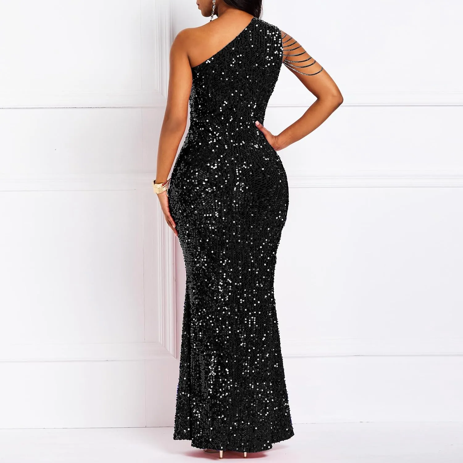 Cololura Women Sequin Elegant Sexy One Shoulder Tassel Mermaid Bodycon Cocktail Evening Dress