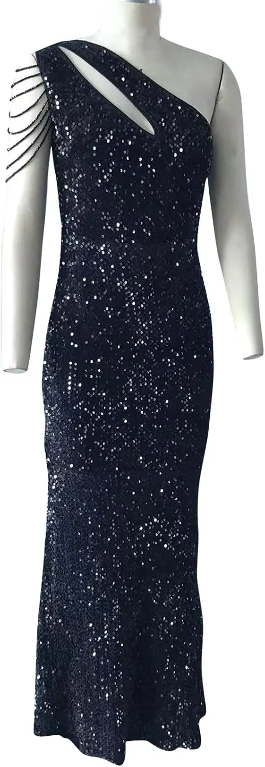 Cololura Women Sequin Elegant Sexy One Shoulder Tassel Mermaid Bodycon Cocktail Evening Dress