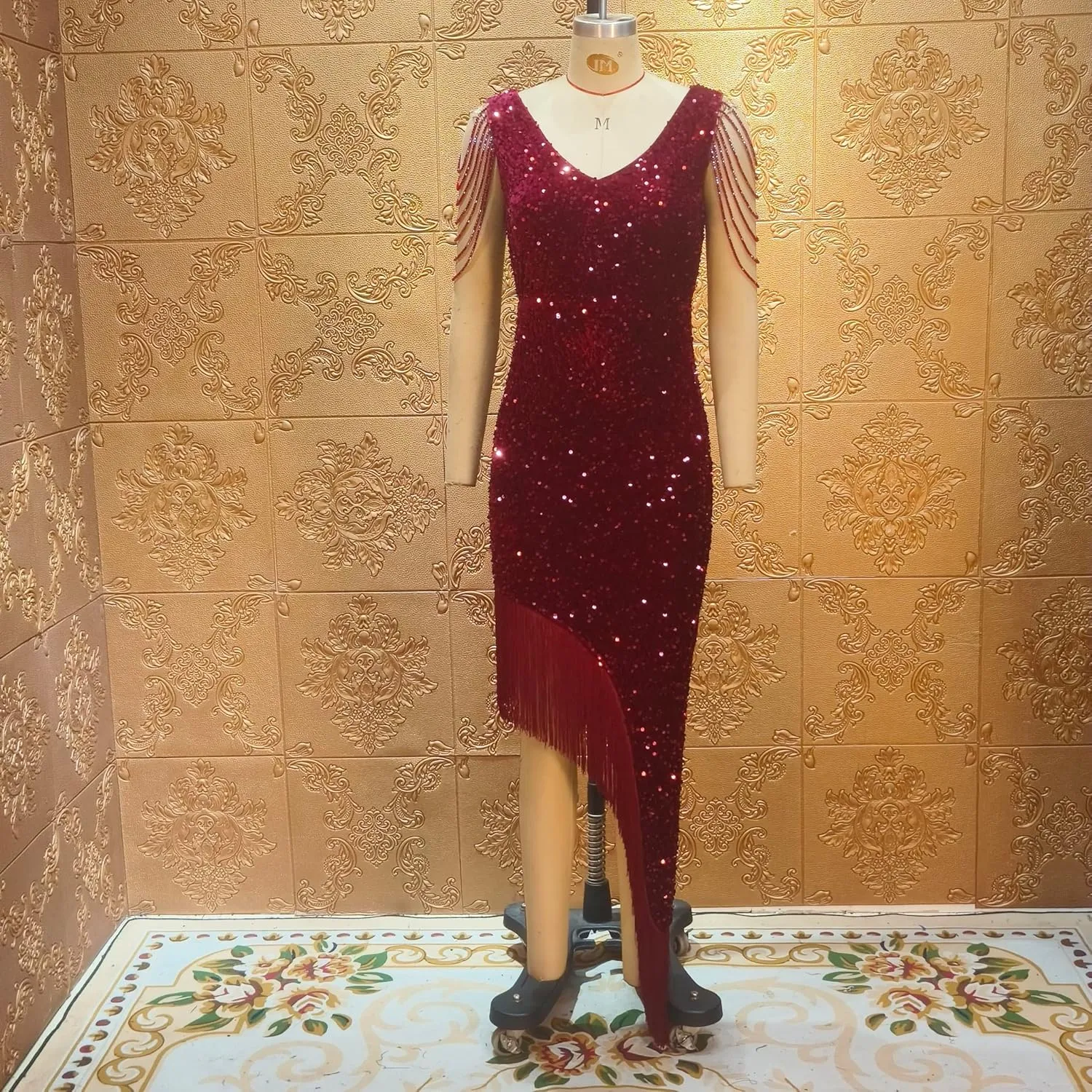 Cololura Women Sexy Elegant Sequin V Neck Tassel Mermaid Bodycon Formal Party Gowns Evening Maxi Dress