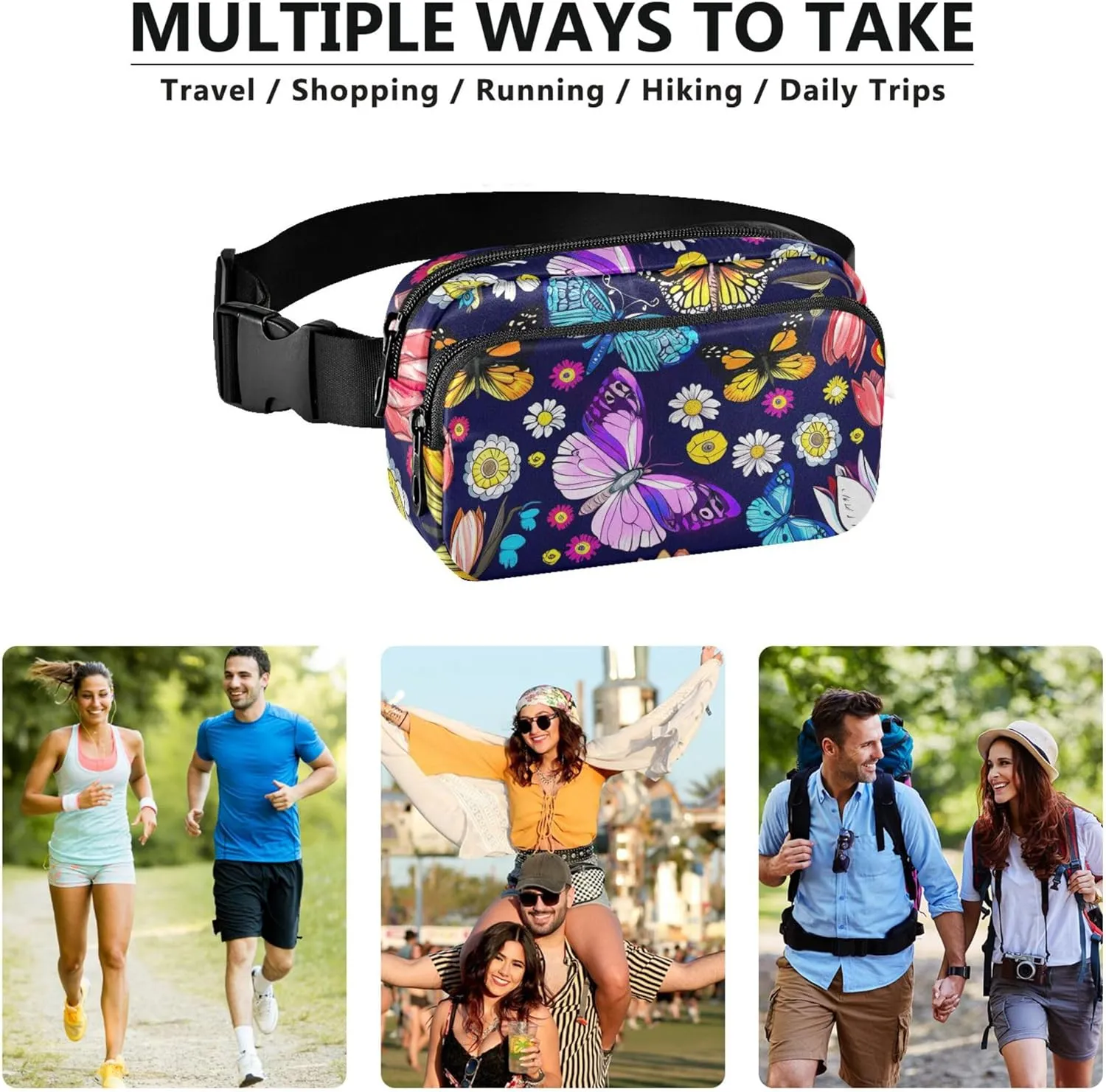Colorful Butterflies Flowers Women Fanny Pack Waterproof Hip Bag Belt Purse Cute Cross Body Waist Pack