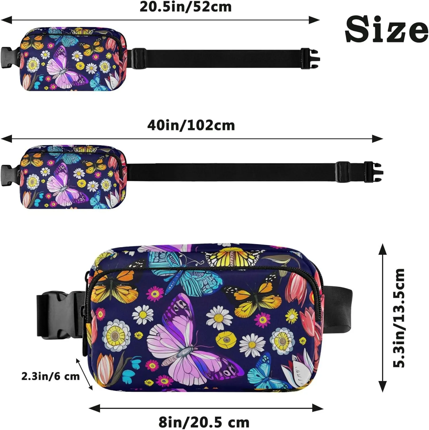 Colorful Butterflies Flowers Women Fanny Pack Waterproof Hip Bag Belt Purse Cute Cross Body Waist Pack