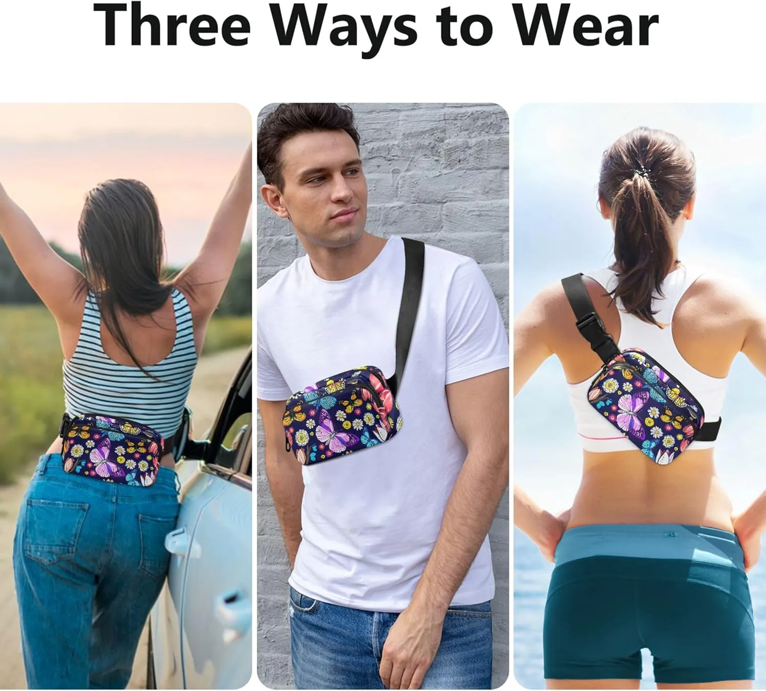 Colorful Butterflies Flowers Women Fanny Pack Waterproof Hip Bag Belt Purse Cute Cross Body Waist Pack
