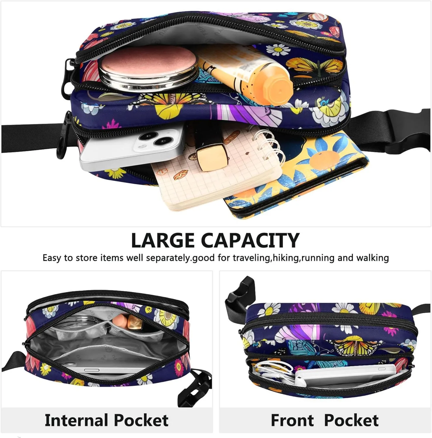 Colorful Butterflies Flowers Women Fanny Pack Waterproof Hip Bag Belt Purse Cute Cross Body Waist Pack