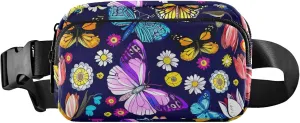 Colorful Butterflies Flowers Women Fanny Pack Waterproof Hip Bag Belt Purse Cute Cross Body Waist Pack