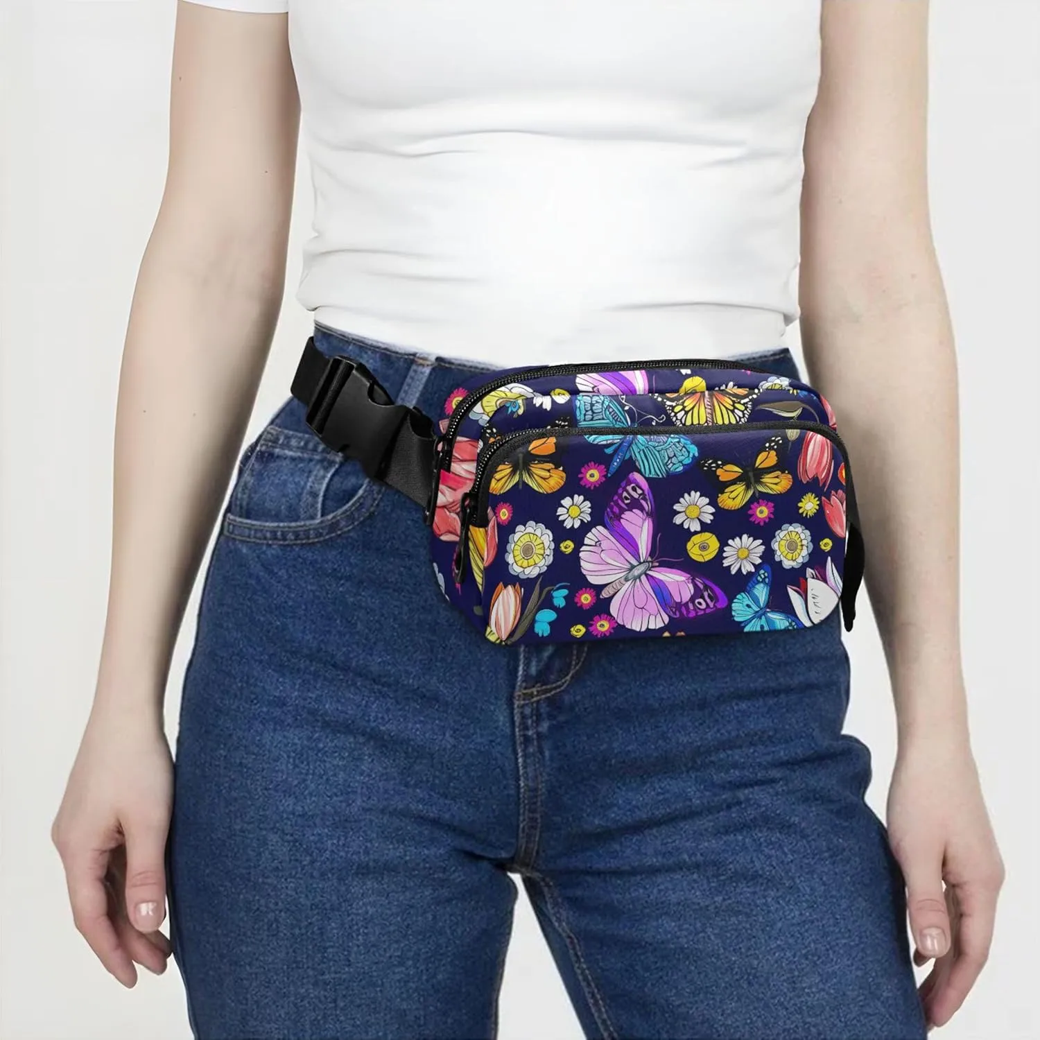 Colorful Butterflies Flowers Women Fanny Pack Waterproof Hip Bag Belt Purse Cute Cross Body Waist Pack