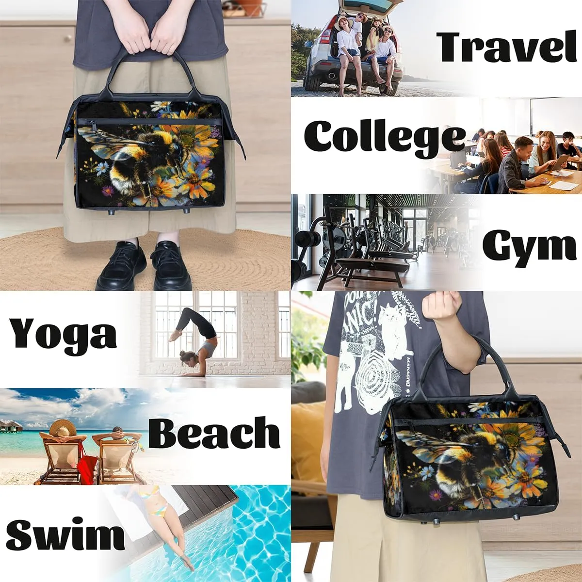 Colorful Flower Animal Bee Weekender Overnight Bag for Women Waterproof Carry On Travel Duffle Bags with Pocket Lightweight Sports Gym Tote Bag Large Luggage Workout Personal Item Hospital Bags