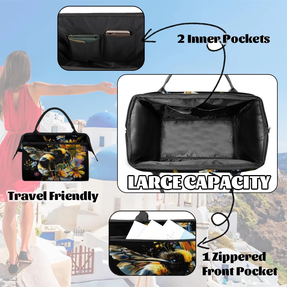 Colorful Flower Animal Bee Weekender Overnight Bag for Women Waterproof Carry On Travel Duffle Bags with Pocket Lightweight Sports Gym Tote Bag Large Luggage Workout Personal Item Hospital Bags
