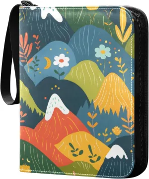 Colorful Hand Drawn Landscape Card Binder 4 Pocket Trading Card Binder Portable Cards Collection Book with Zipper