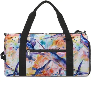 Colorful Marlin Sailfish Watercolor Funny Gym Bag Travel Tote Bag Duffel Bag with Shoe Compartment for Weekender Sports Vacation