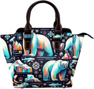 Colorful-Polar-Bear-Snowflake Pu Leather Crossbody Studded Bag, Fashionable Shoulder Handbag With Detachable Shoulder Strap