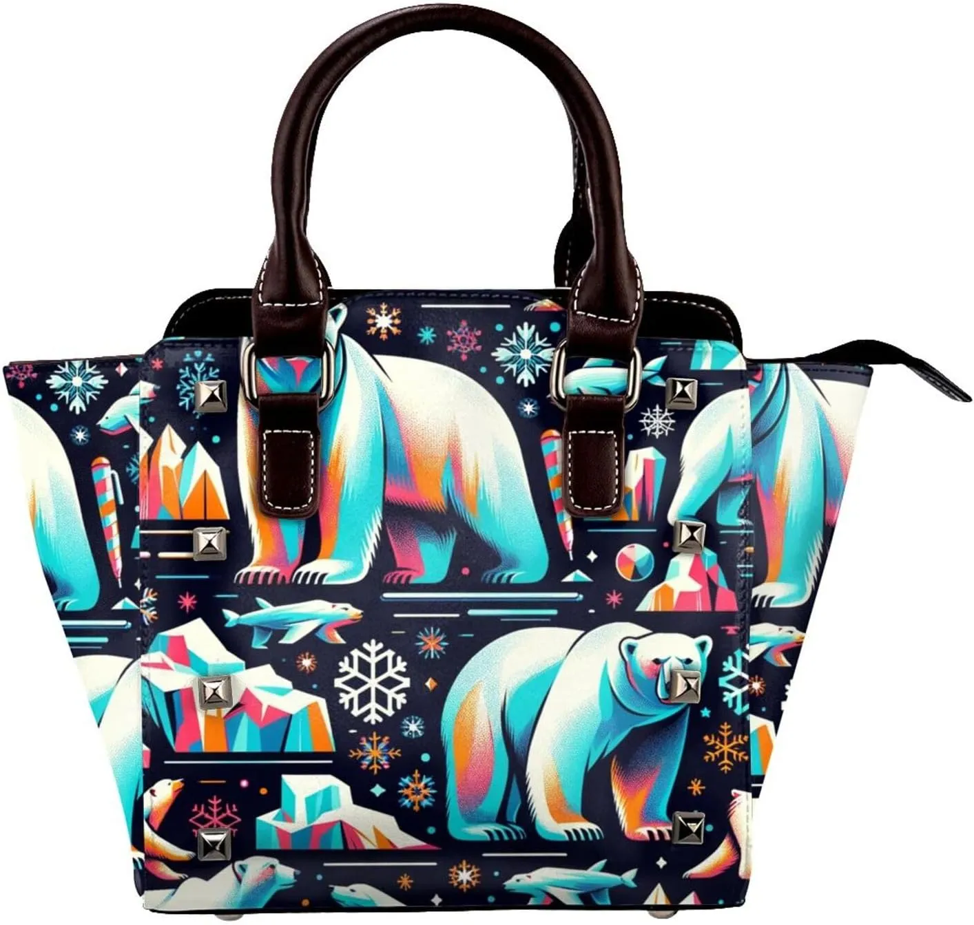 Colorful-Polar-Bear-Snowflake Pu Leather Crossbody Studded Bag, Fashionable Shoulder Handbag With Detachable Shoulder Strap