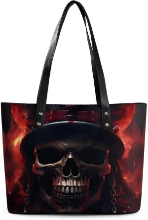 Cool Flaming Skull Women's Tote Bag Leather Purse Shoulder Handbag Portable Shopping Bag for Travel Office