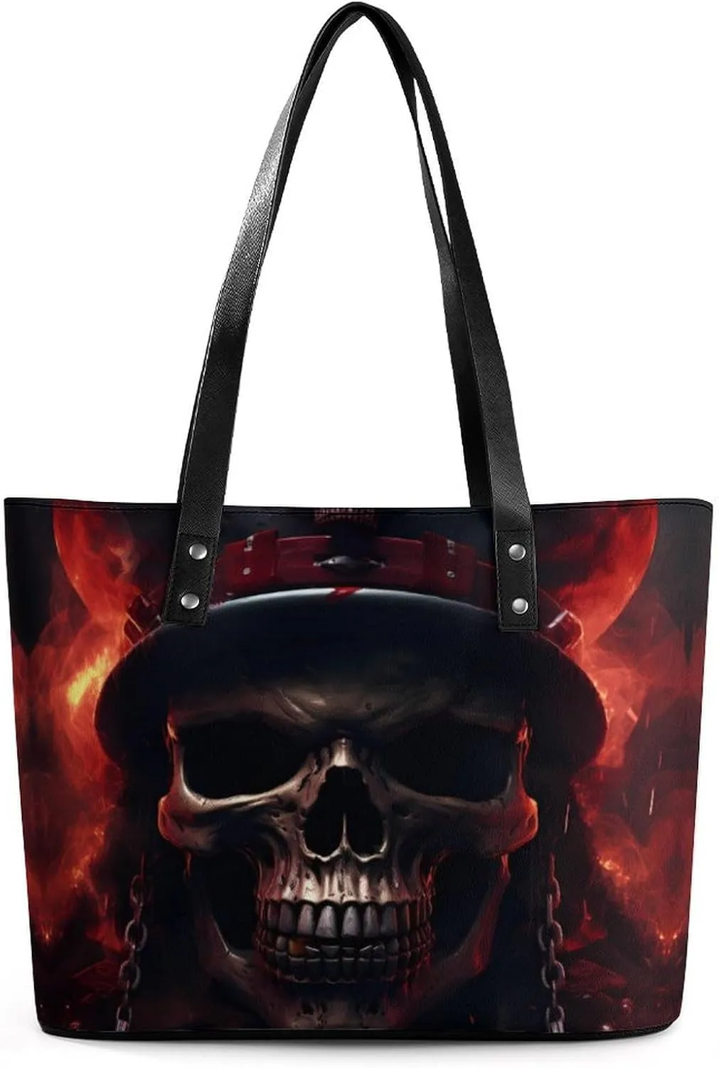 Cool Flaming Skull Women's Tote Bag Leather Purse Shoulder Handbag Portable Shopping Bag for Travel Office