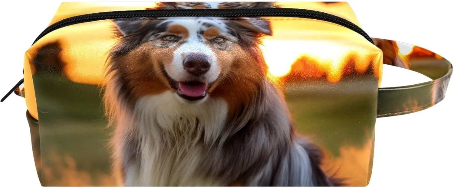 Cosmetic Bag with Zipper and Handle, Faux Leather Makeup Pouch for Women & Men, Toiletry Bag, Sunset and Animal Australian Shepherd Dog
