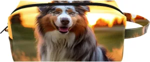 Cosmetic Bag with Zipper and Handle, Faux Leather Makeup Pouch for Women & Men, Toiletry Bag, Sunset and Animal Australian Shepherd Dog