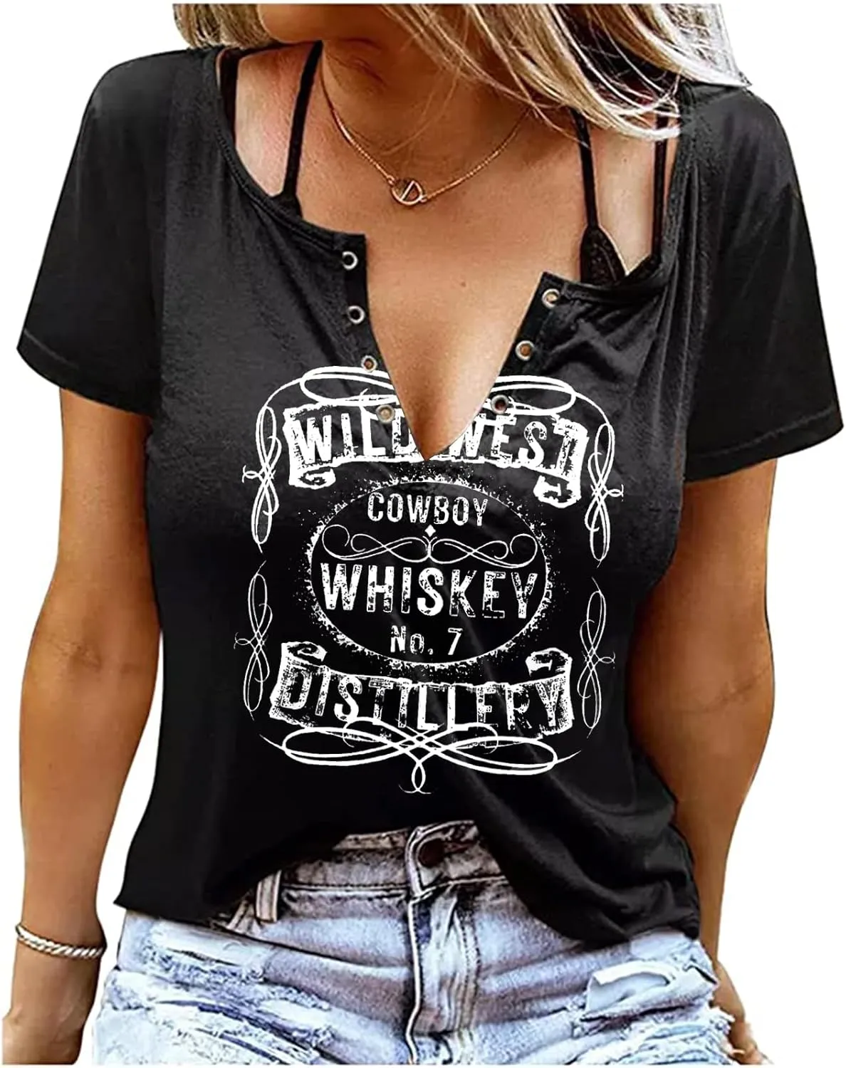 Cowboy Whiskey Criss-Cross Hollow Out T-Shirt Women Western Country Music Shirt Vintage Cowgril Short Sleeve Tops