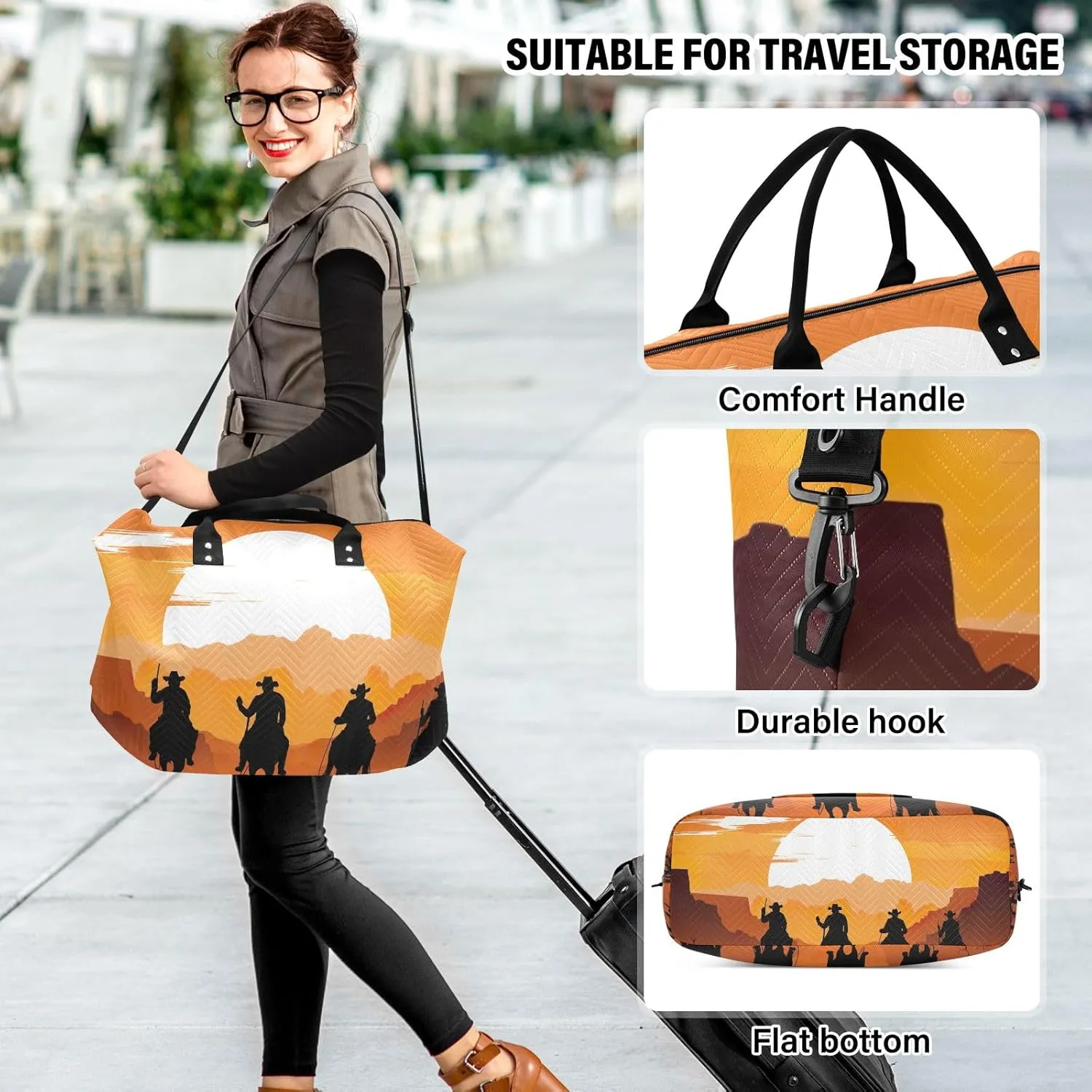 Cowboys in Sunset Duffle Bag Tote Travel Bag for Women Workout Bags for Gym Women Large Weekender Bags for Women