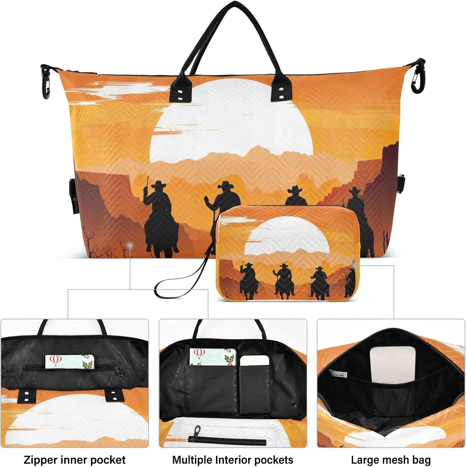 Cowboys in Sunset Duffle Bag Tote Travel Bag for Women Workout Bags for Gym Women Large Weekender Bags for Women