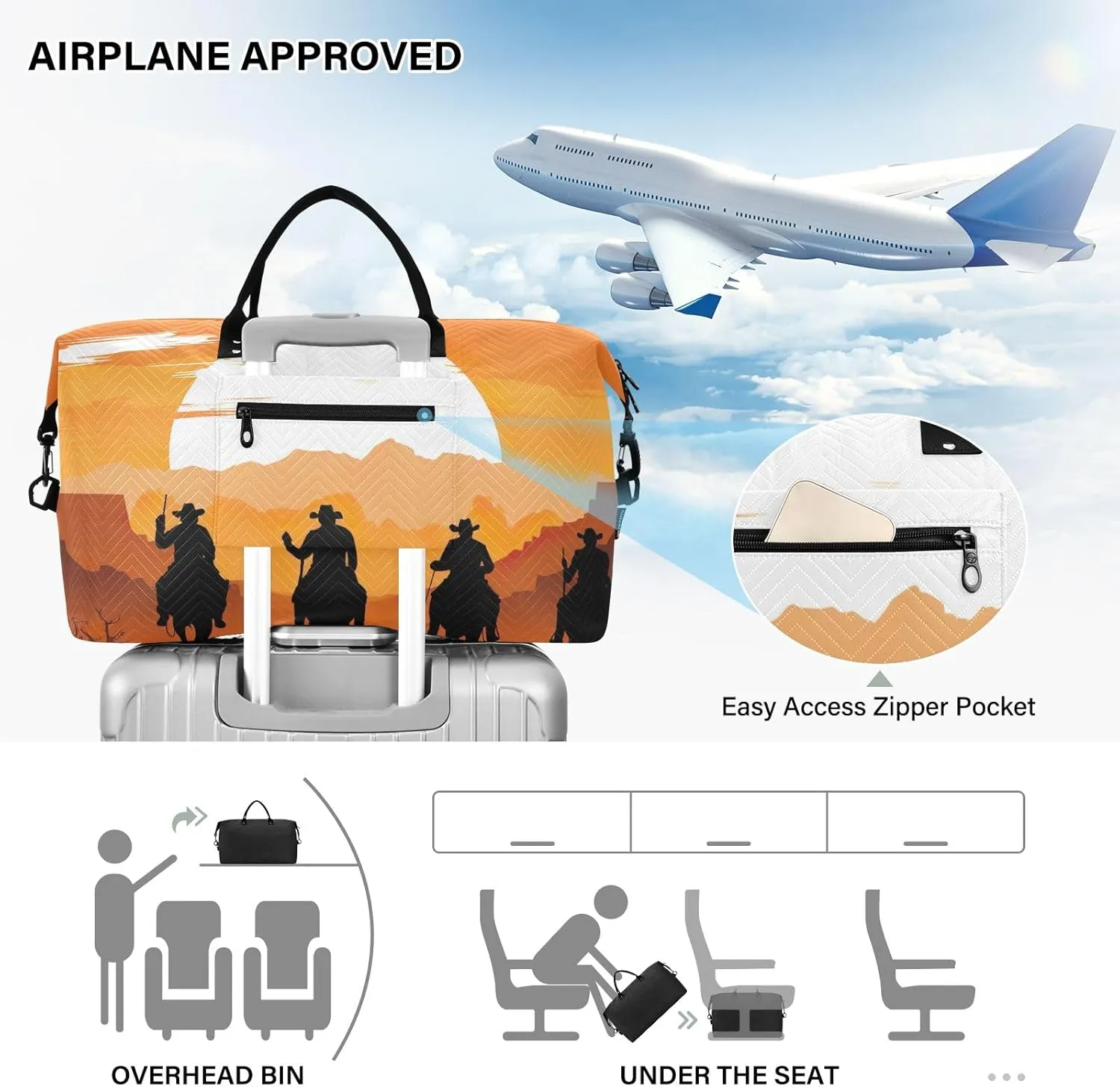 Cowboys in Sunset Duffle Bag Tote Travel Bag for Women Workout Bags for Gym Women Large Weekender Bags for Women