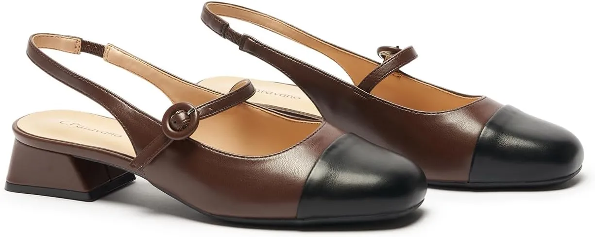 C.Paravano Women's Mary Jane Slingback Pumps Low Heel Dress Shoes Closed Square Toe Slingback for Office, Party & Daily Wear
