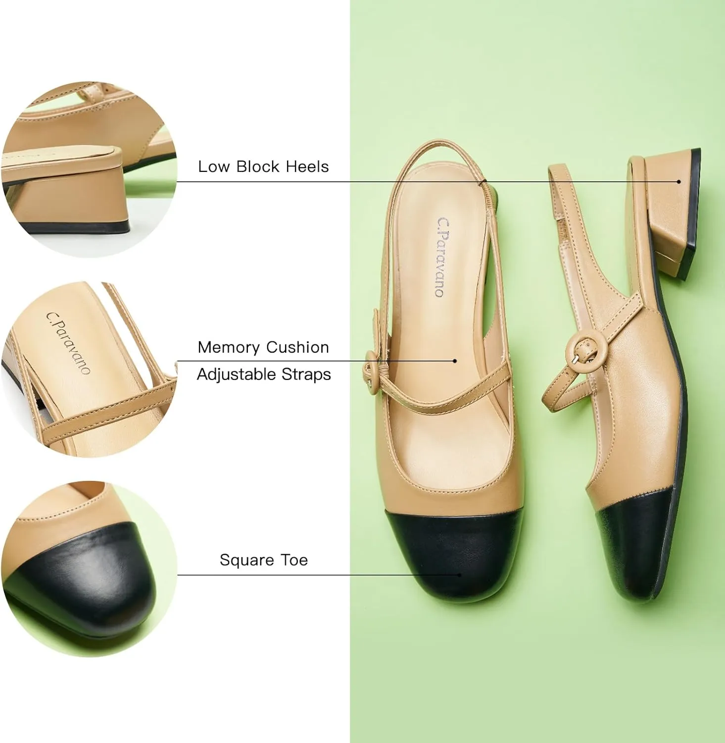 C.Paravano Women's Mary Jane Slingback Pumps Low Heel Dress Shoes Closed Square Toe Slingback for Office, Party & Daily Wear