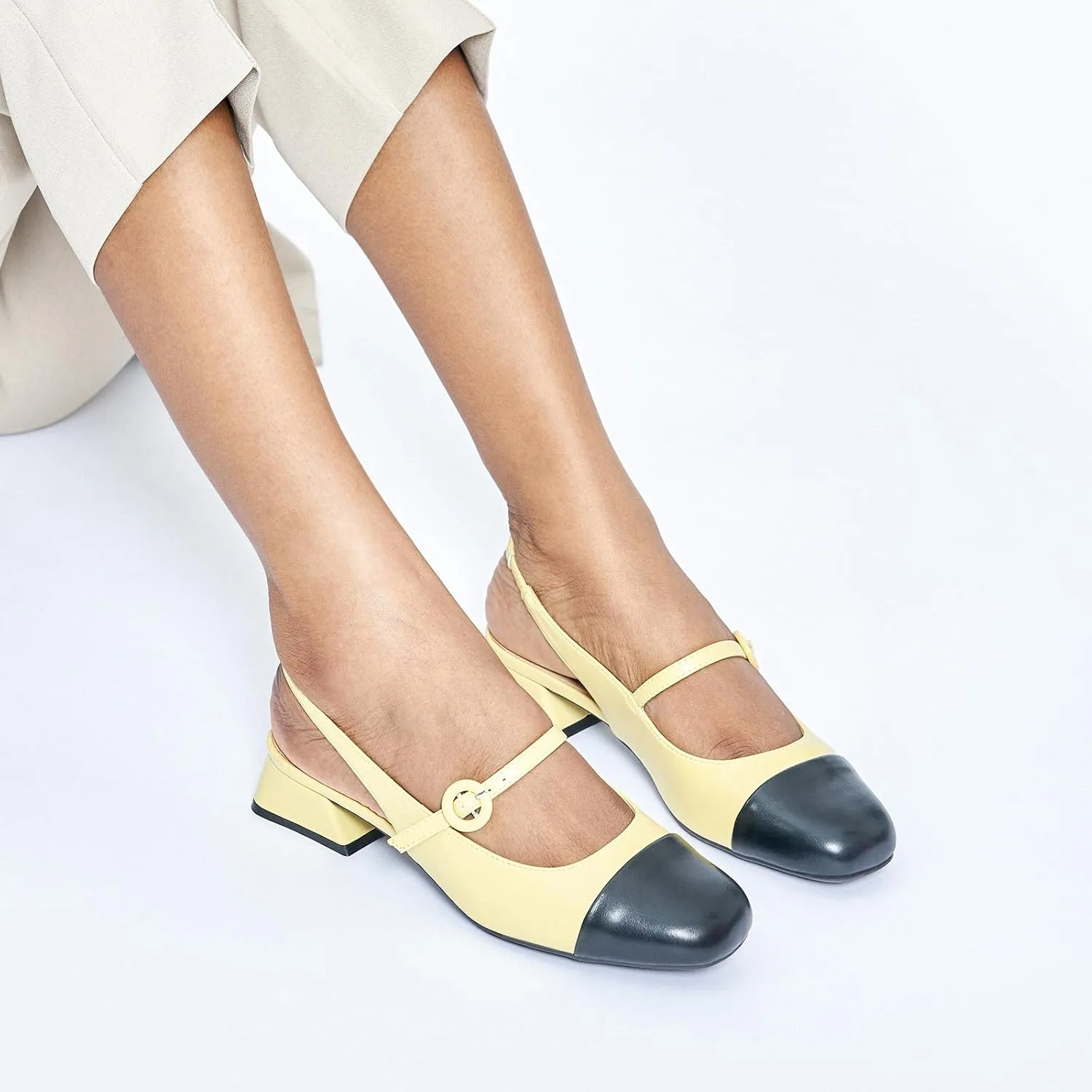 C.Paravano Women's Mary Jane Slingback Pumps Low Heel Dress Shoes Closed Square Toe Slingback for Office, Party & Daily Wear