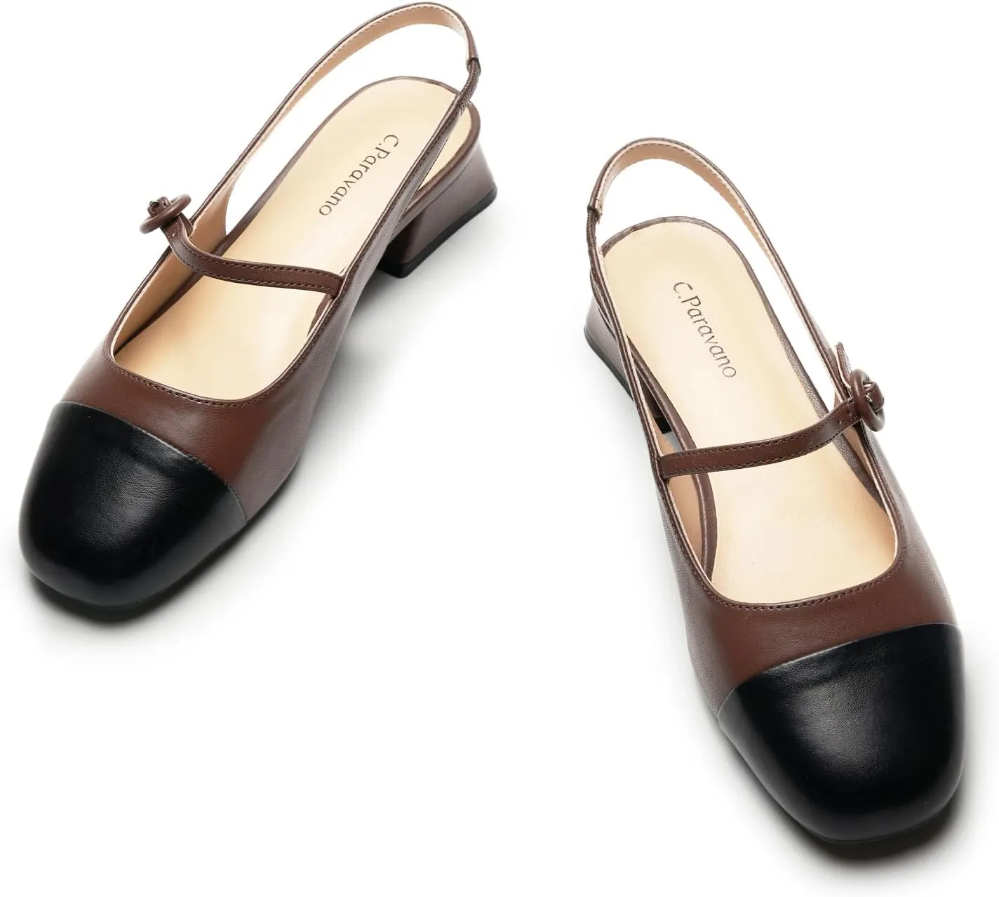 C.Paravano Women's Mary Jane Slingback Pumps Low Heel Dress Shoes Closed Square Toe Slingback for Office, Party & Daily Wear