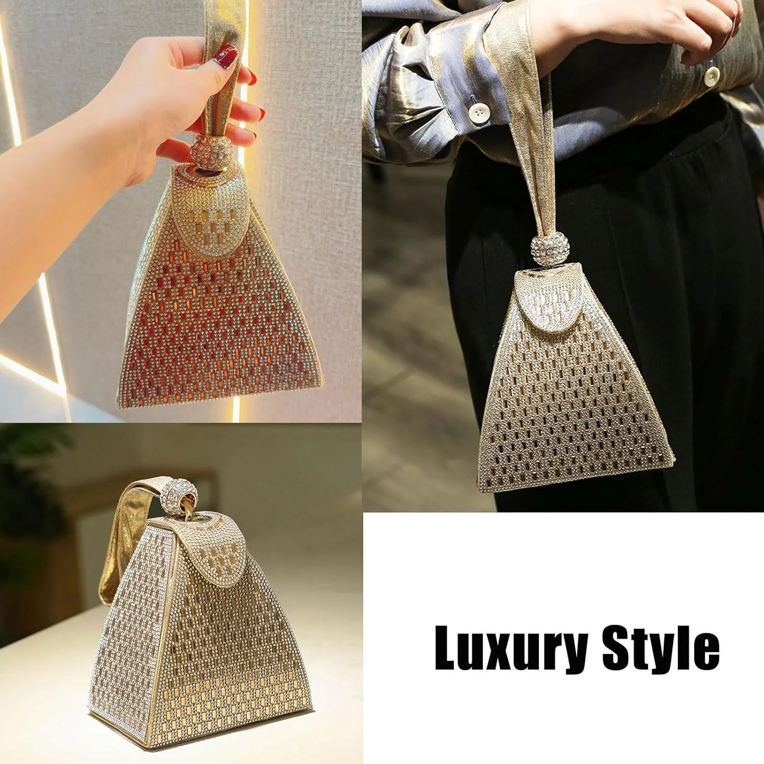 Crystal Pyramid Handbag, Rhinestones Luxury Evening BagsFashion Evening Handbag Purse Cocktail Wedding Engagement Bag