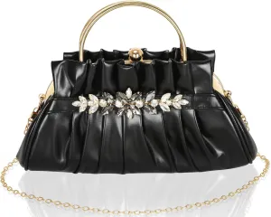 Crystal Rhinestone Evening Bags Women's Pleated Clutch Purses Vintage Leather Handbags