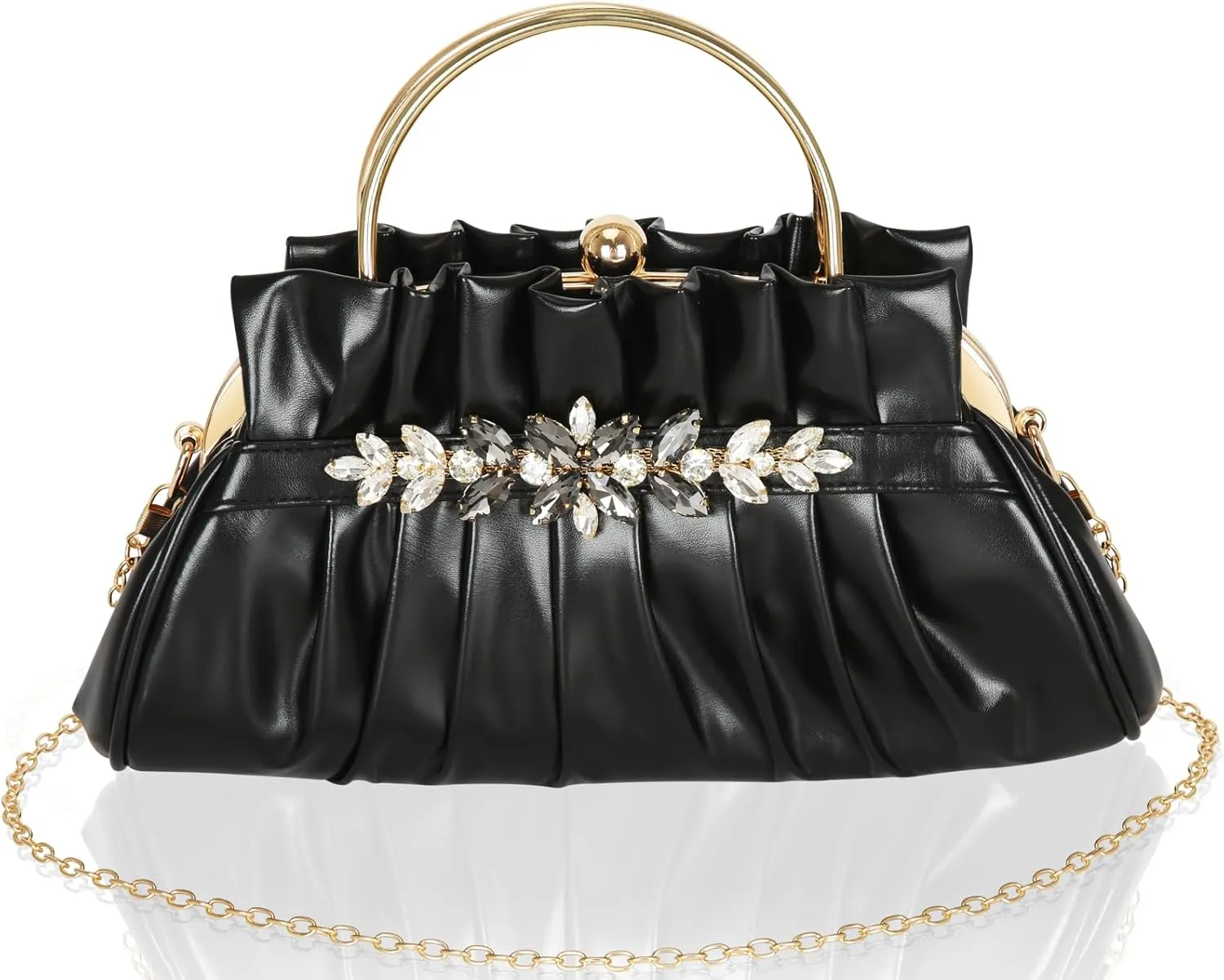 Crystal Rhinestone Evening Bags Women's Pleated Clutch Purses Vintage Leather Handbags