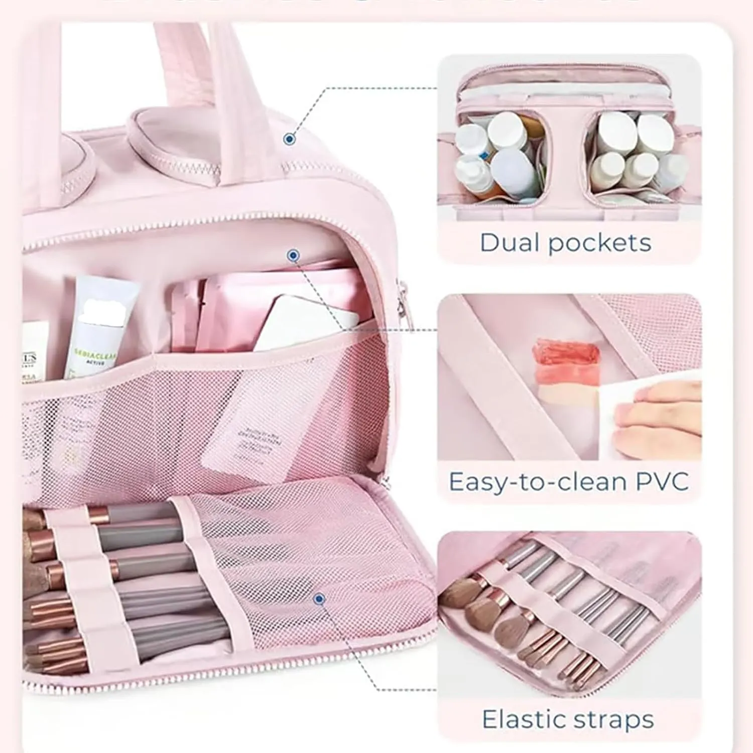 Cureaway Travel Cosmetic Bag, Curetoaway Travel Cosmetic Bag, Large Capacity Wide-Open Cosmetic Bags, Waterproof Portable Pouch Open Flat Toiletry Bags, Dry-And-Wet Separation (Pink)