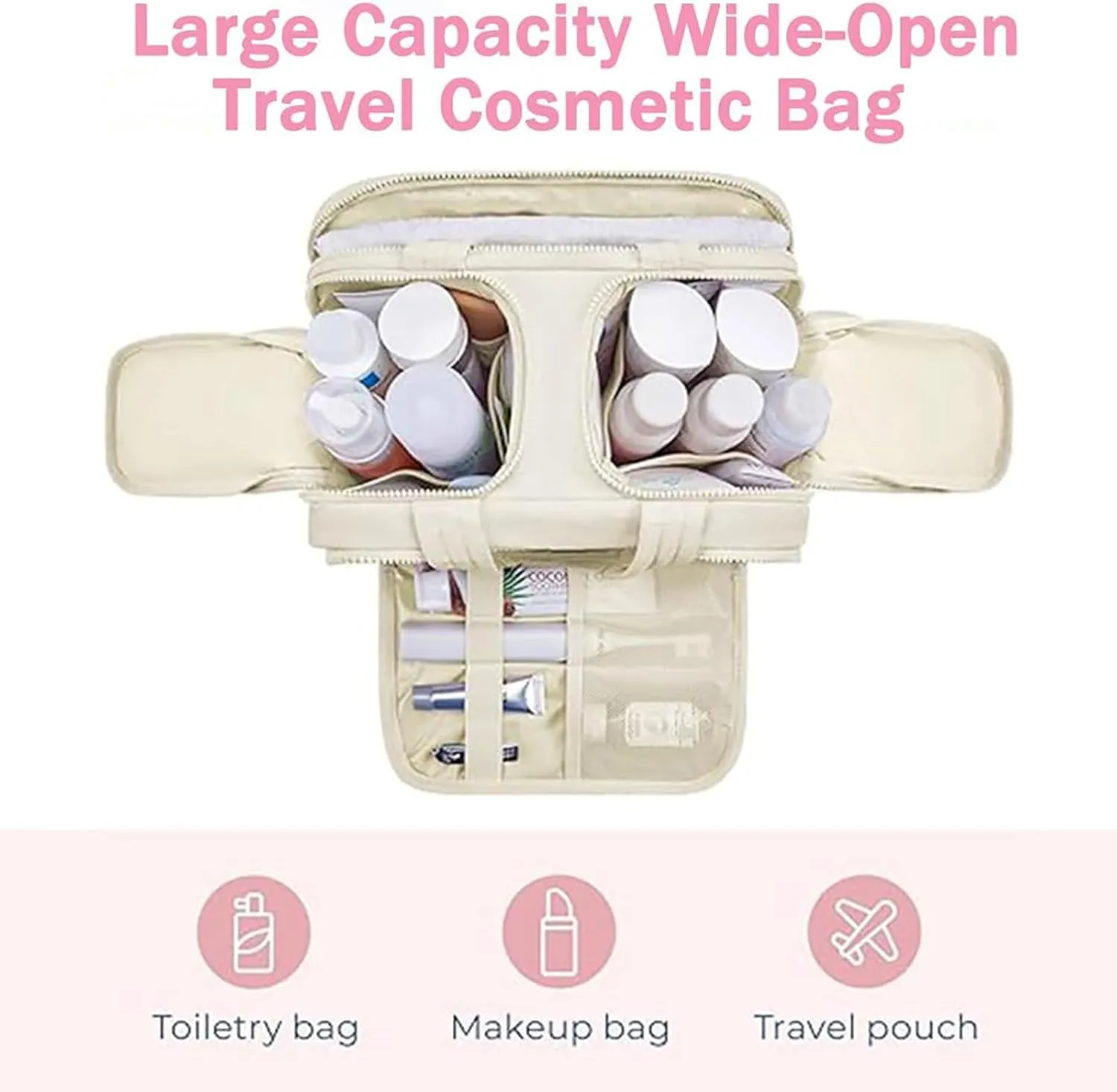 Cureaway Travel Cosmetic Bag, Curetoaway Travel Cosmetic Bag, Large Capacity Wide-Open Cosmetic Bags, Waterproof Portable Pouch Open Flat Toiletry Bags, Dry-And-Wet Separation (Pink)