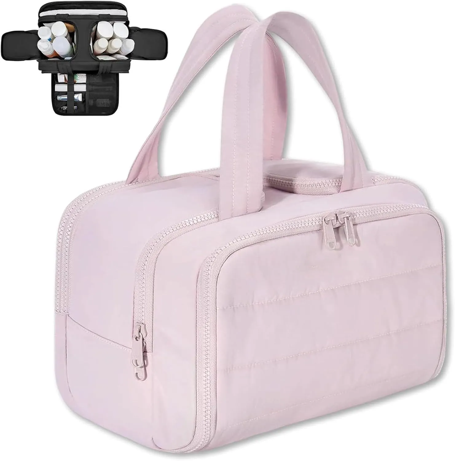 Cureaway Travel Cosmetic Bag, Curetoaway Travel Cosmetic Bag, Large Capacity Wide-Open Cosmetic Bags, Waterproof Portable Pouch Open Flat Toiletry Bags, Dry-And-Wet Separation (Pink)