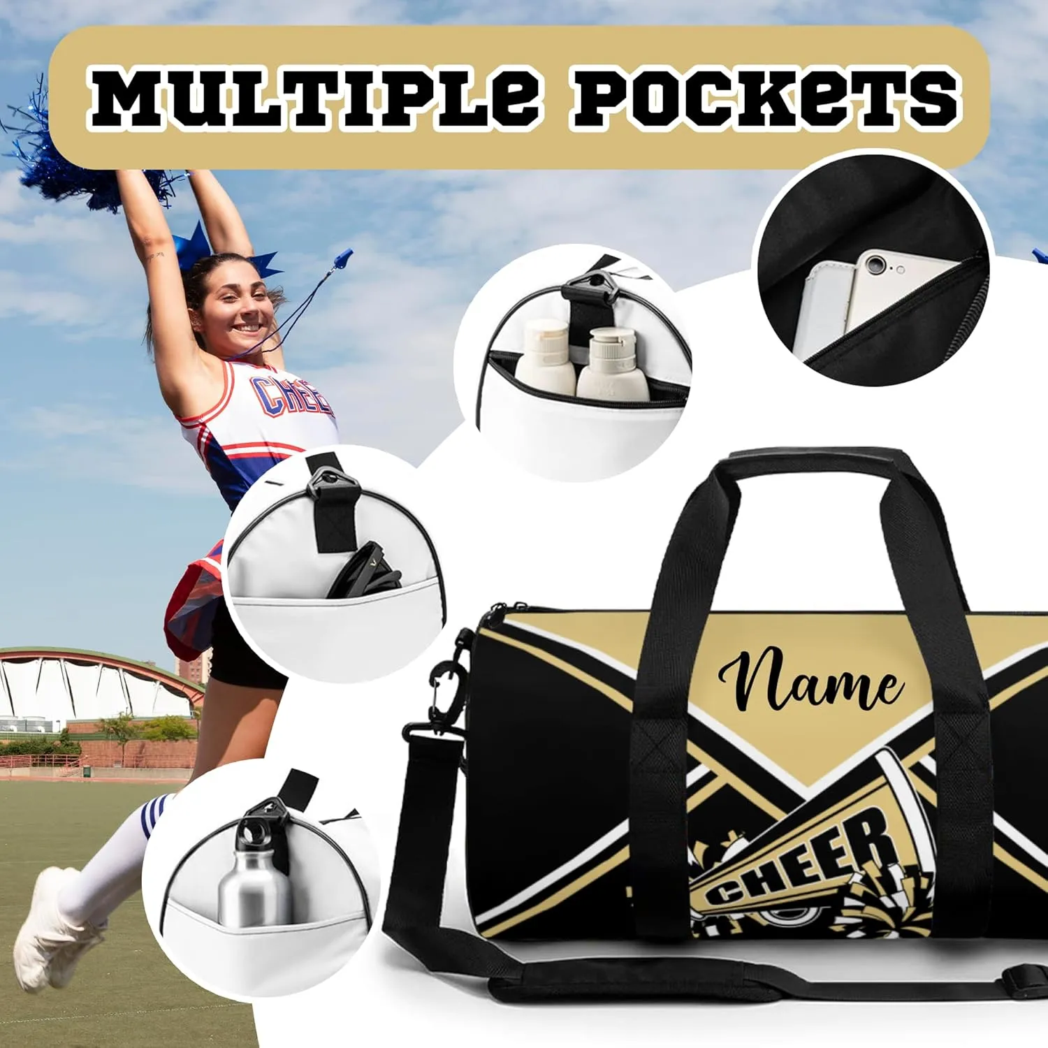 Custom Cheer Bags for Cheerleaders, Personalized Cheerleading Bag with Name Sports Duffle Bag Gym Travel Perform Training Bag (Beige)