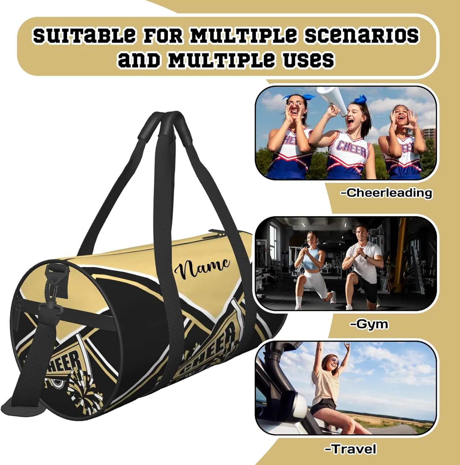 Custom Cheer Bags for Cheerleaders, Personalized Cheerleading Bag with Name Sports Duffle Bag Gym Travel Perform Training Bag (Beige)