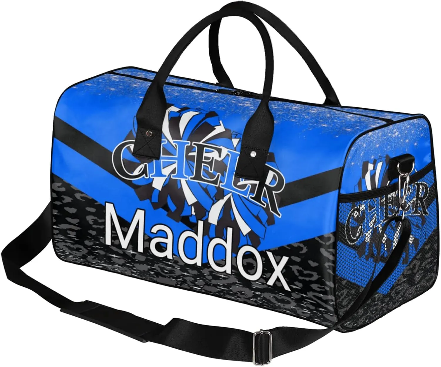 Custom Cheer Bags with Name for Cheerleader, Personalized Sport Duffel Bag Gym Bag for Women, Custom Travel Tote Bags, Blue Black Overnight Weekender Bags