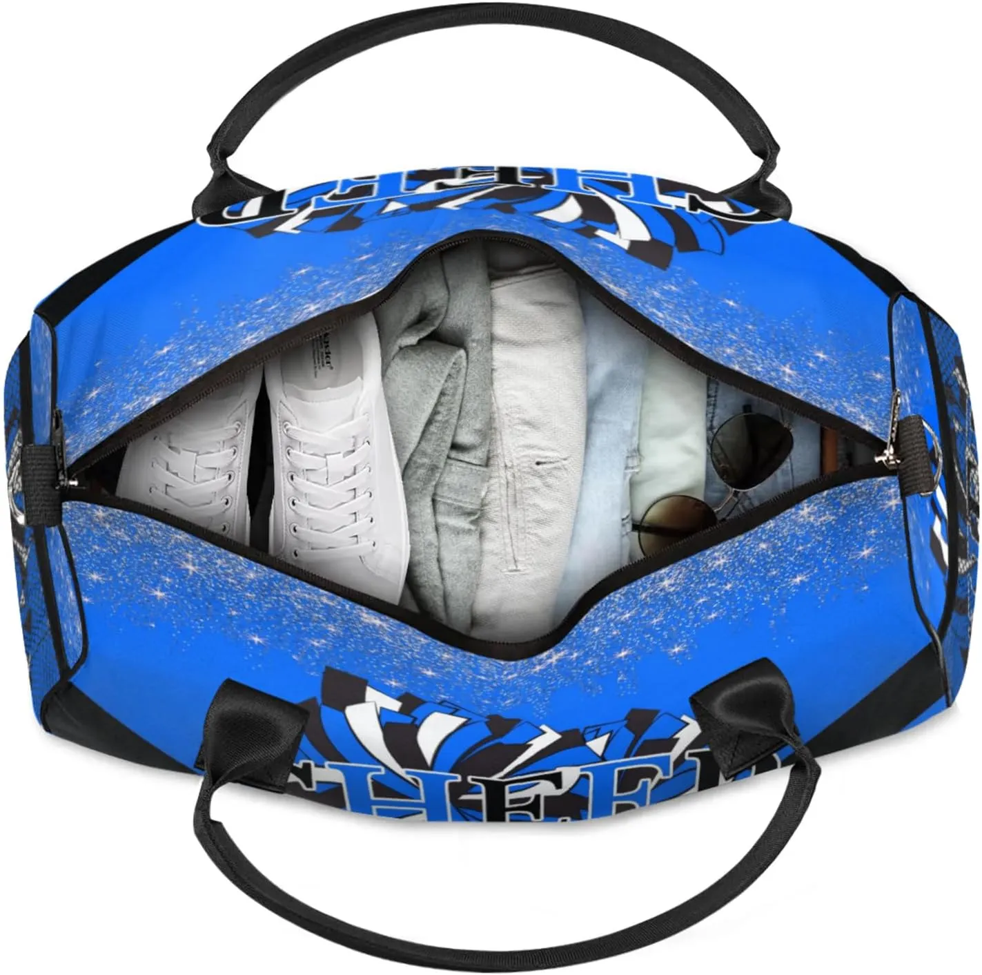 Custom Cheer Bags with Name for Cheerleader, Personalized Sport Duffel Bag Gym Bag for Women, Custom Travel Tote Bags, Blue Black Overnight Weekender Bags