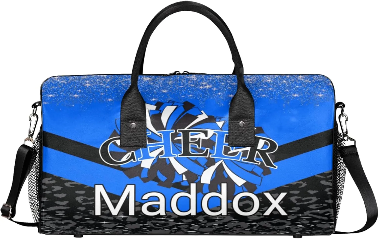Custom Cheer Bags with Name for Cheerleader, Personalized Sport Duffel Bag Gym Bag for Women, Custom Travel Tote Bags, Blue Black Overnight Weekender Bags