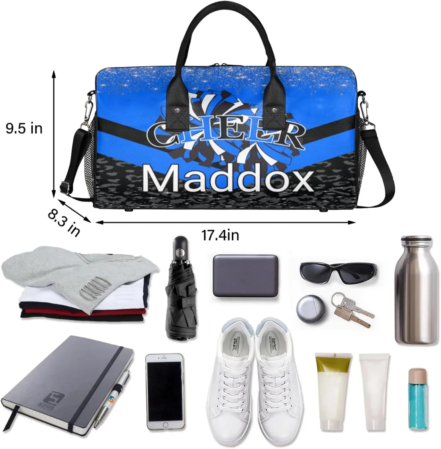 Custom Cheer Bags with Name for Cheerleader, Personalized Sport Duffel Bag Gym Bag for Women, Custom Travel Tote Bags, Blue Black Overnight Weekender Bags
