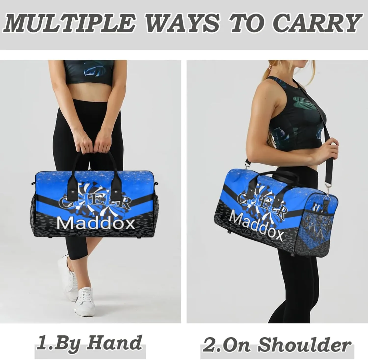 Custom Cheer Bags with Name for Cheerleader, Personalized Sport Duffel Bag Gym Bag for Women, Custom Travel Tote Bags, Blue Black Overnight Weekender Bags